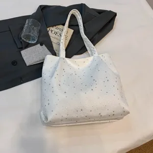 Korean style white star tote bag, casual large capacity shoulder bag for commuting and school daily use.
