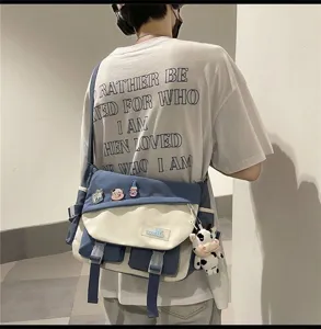 Japanischer Stil große Kapazität Farblock Canvas Umhängetasche lässige Studenten Schultertasche