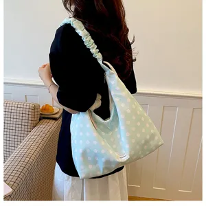Korean style polka dot canvas shoulder bag casual large capacity tote bag for women.
