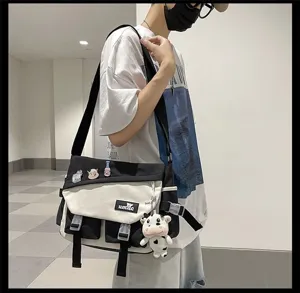 Japanese style color-blocking canvas messenger bag, large capacity casual tooling crossbody bag.
