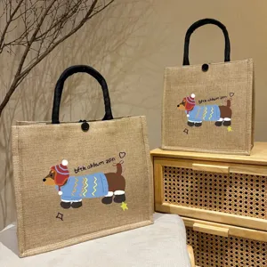 Detailed view of large capacity jute tote bags with cute cartoon dachshund print design.