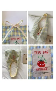 Japanese cute plaid canvas tote bag, large capacity casual shoulder bag for students and daily use.