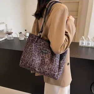 Vintage Leopard Print Tote Bag For Women Large Capacity Casual Shoulder Bag Fashion Autumn Winter Handbag