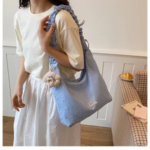 Sweet large capacity tote bag for women, lazy style starry print shoulder bag with plush charm.
