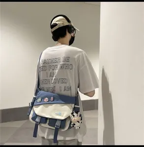 Japanese style color-block canvas messenger bag casual student commuter crossbody bag