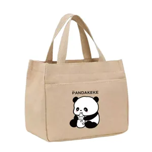 Bolsa de almuerzo de lona beige bolso tote de panda lindo para estudiantes y oficina