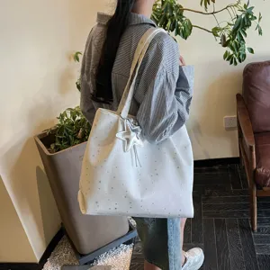 Korean Ins Star Print Canvas Tote Bag Large Capacity Casual Shoulder Bag Chic Commuting Handbag For Women