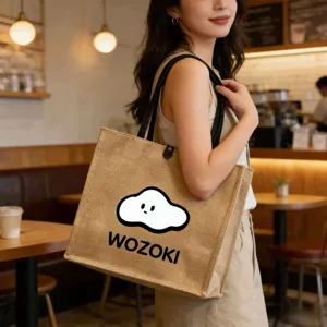 Large capacity jute tote bag with cloud print, casual canvas handbag for daily work and shopping.