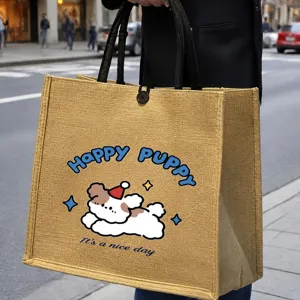 Large capacity jute tote bag with cute puppy print, casual canvas handbag for commuting.