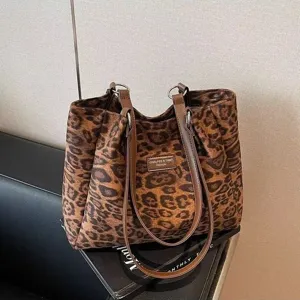 Retro Leopard Print Large Capacity Women Shoulder Bag Casual Fashion Winter Tote Handbag