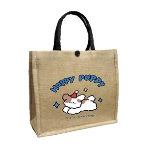 Large capacity jute tote bag with cute puppy print, casual shopping handbag and commuter bag.