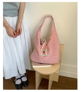 Japanese style plaid canvas tote bag for women, large capacity casual shoulder handbag.