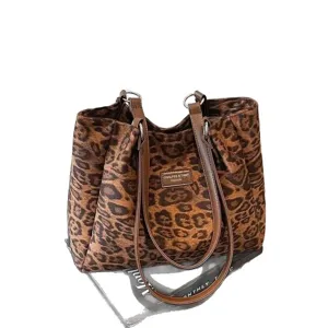 Women vintage leopard print shoulder tote bag large capacity casual autumn winter handbag