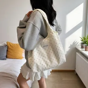 Casual white polka dot canvas shoulder bag large capacity student tote bag for women
