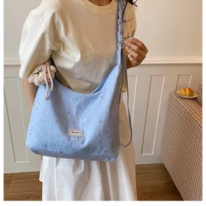 Sweet lazy style star print canvas shoulder bag, large capacity slouchy hobo tote bag for women.