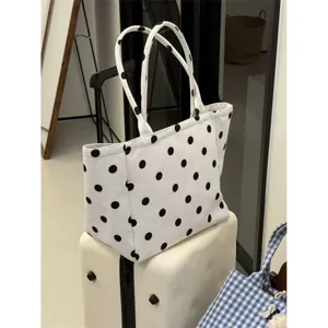 White polka dot canvas tote bag for women, large capacity casual commuting shoulder bag.