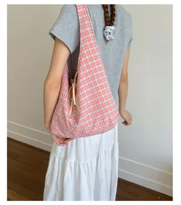 Japanese style pink plaid canvas tote bag, large capacity casual shoulder bag for women.