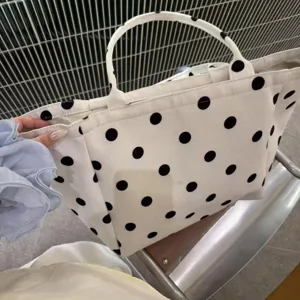 White polka dot canvas tote bag for women, casual commuter large capacity shoulder bag fashionable.