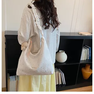 Sweet style large capacity hobo tote bag with star print and stylish ruffled shoulder strap.