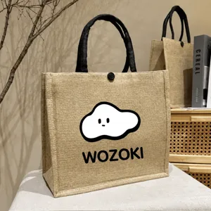 Large capacity jute tote bag with cute cloud print, casual canvas handbag for daily commute.