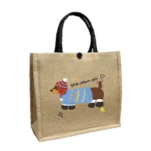 Large capacity jute tote bag with cute dachshund print, casual shopping and commute handbag.