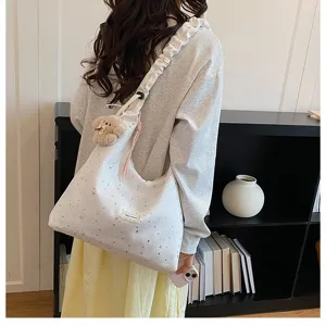Slouchy starry print tote bag with ruffle strap and cute dog pendant for women fashion daily use