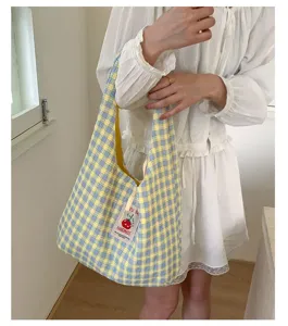 Japanese fresh yellow blue plaid canvas tote bag for women large capacity student handbag