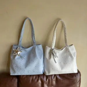 Casual canvas shoulder tote bag with star print and cute pendant, large capacity for daily use.