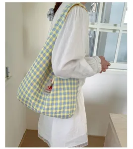 Japanese style fresh yellow blue plaid canvas shoulder bag large capacity student tote bag