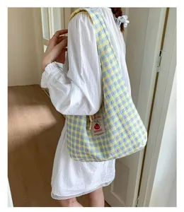 Casual yellow blue plaid canvas shoulder bag for women students daily commute tote bag
