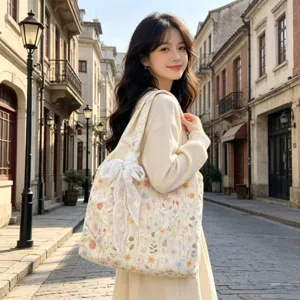 Floral embroidery canvas shoulder bag with white lace bow literary large capacity tote.