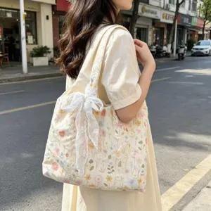 Women Canvas Tote Bag Floral Embroidery Lace Bow Casual Daily Shoulder Bag Large Capacity Shopper Handbag