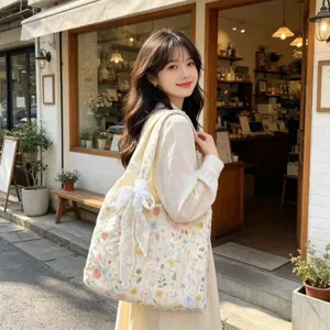 Floral embroidery canvas shoulder bag with white lace bow, casual literary tote bag for women.