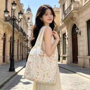 Floral embroidered canvas shoulder bag with lace bow, large capacity casual tote for women.