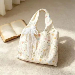 Floral embroidered canvas shoulder bag with lace bow, aesthetic large tote bag for women.