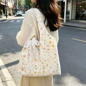 Detail view showcasing the floral embroidery and cute lace bow on the beige canvas shoulder bag.