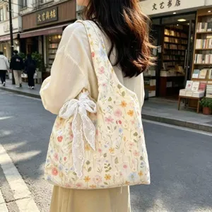 Floral Embroidered Canvas Shoulder Bag Literary Style Large Capacity Casual Women Bag