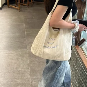 Large capacity canvas tote bag for women with letter embroidery stylish casual shoulder bag
