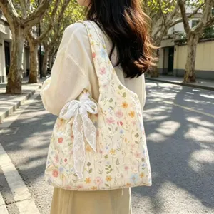 Floral embroidered canvas shoulder bag with white lace bow, casual daily tote bag.