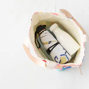 Canvas drawstring bento bag cute floral lunch handbag portable storage pouch for daily use