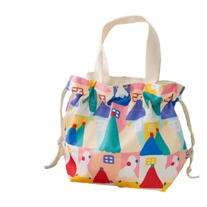 Cute canvas drawstring lunch bag for students and office workers, colorful cartoon house print.