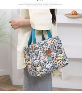 Ins style cute cat print canvas lunch bag for women, portable daily tote and storage bag.