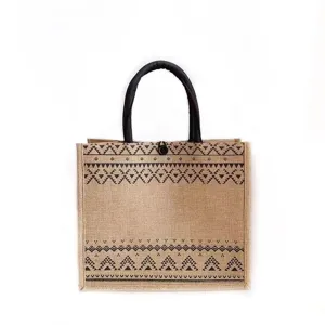 Casual jute shopper tas met zwarte handvatten en geometrisch patroon voor dagelijks.