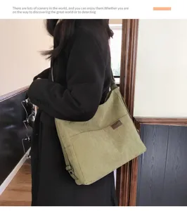 Sac cabriolet bandoulière en velours côtelé vert grande capacité sac fourre-tout pour étudiante