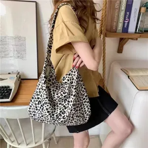 Lässige Leopardenmuster Segeltuch Umhängetasche Große Kapazität Tote Slacker Stil Täglich Einkaufen Damen Handtasche