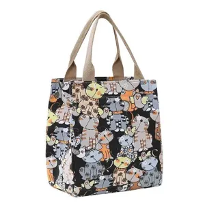 Cute cartoon cat pattern canvas lunch bag stylish thermal tote handbag for women work