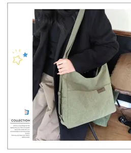 Sac cabas bandoulière en velours côtelé vert, grande capacité sac de cours pour étudiant.