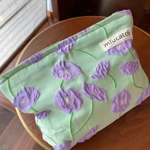 Frische blumige Kosmetiktasche mit lila Stickerei, grosse tragbare Make-up Tasche.