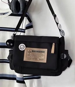 Black canvas messenger bag casual large capacity shoulder crossbody bag vintage student book bag