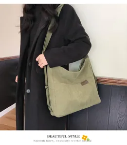 Sac à bandoulière en toile velours côtelé japonais, grand cabas fourre-tout pour l'école et voyage.